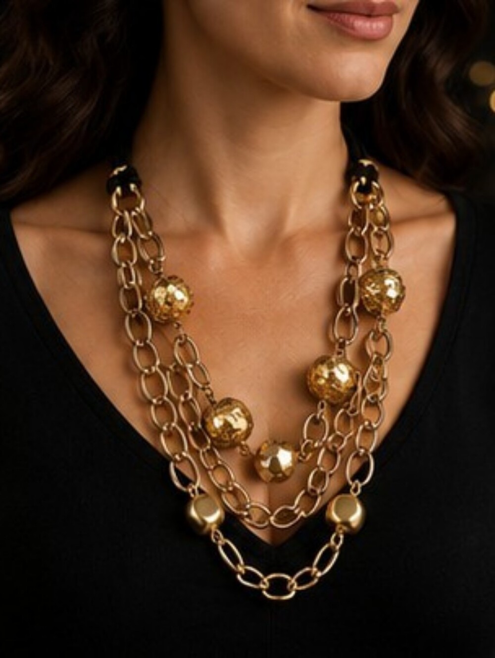 Vintage 1980s Gold Statement Necklace Triple Suede Cord Multi Strand Chunky - Picture 3 of 11